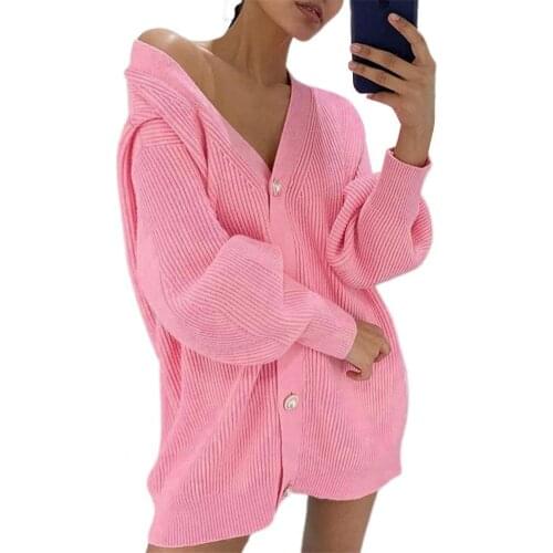 Autumn Loose Single-breasted Knitted Cardigan Sweater One Size Lantern Sleeve V Neck Knitted Coat Tops for Going Outwear