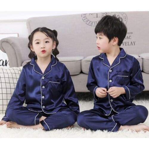 Childrens Pajamas Summer Ice Silk Boys And Girls Spring And Autumn Thin Section Big Childrens Long-Sleeved Long Trousers Home