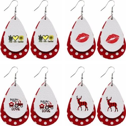 Triple Hearts Tractor Love Redeer Lips Earrings Valentines Day Faux Leather Two layers Wholesale