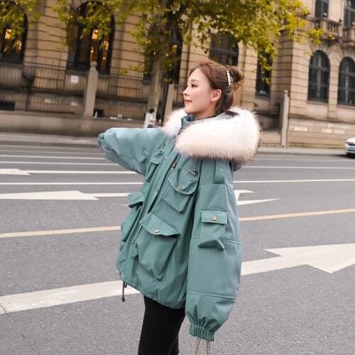 Warm Snow Outwear White Duck Down Parka Large Natural Fur Collar Hooded Down Jacket Safari Style Loose Thickness