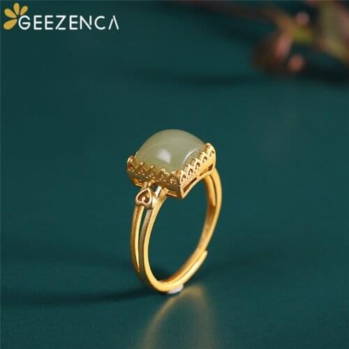 Vintage 925 Sterling Silver Gold Plated Jade Open Rings For Women Simple Trend Geometric Gemstone Ring Fine Jewelry 2021 New