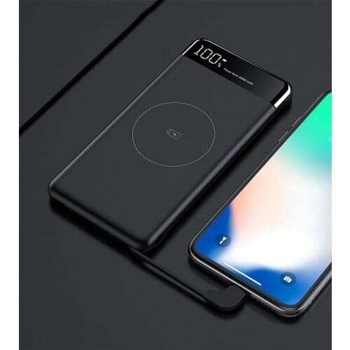 10000mAh Power Bank Qi Wireless Charge for iPhone 11 Pro Max X Samsung Powerbank Fast Charging Built in 2 Cable External Battery