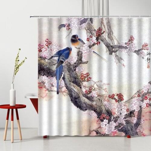 Chinese Style Flower Bird Shower Curtain Polyester 3D Printing Bathtub Decor Set With Hooks Bath Accessories Bathroom Curtains