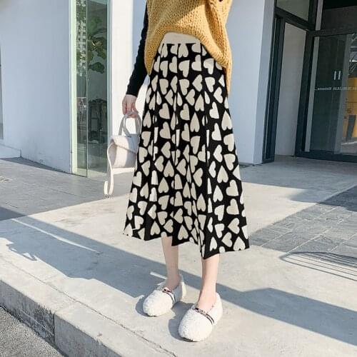 New Luxury Heart Parttern Long Knit Womens Pleated Skirt Autumn Winter Thick Warm A Line Skirt Elgant Sweater Femme