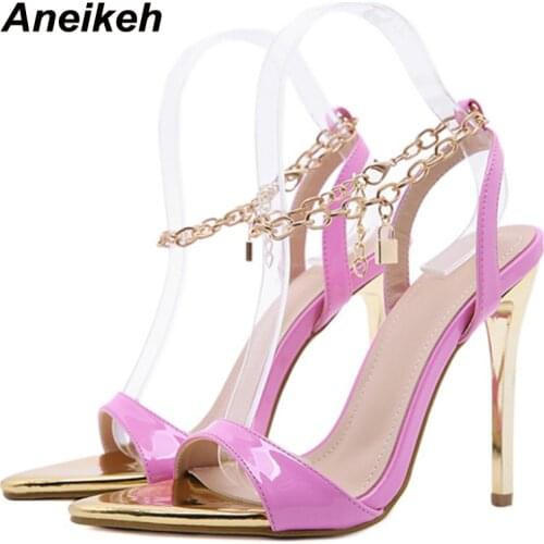 Aneikeh Sexy Thin Heels Shoes For Women 2021 PU Peep Toe Sandalias De Las Mujeres Chain Sweet Buckle Strap Fashion Elegant Party