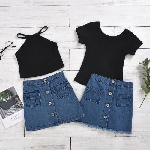 2-7Y New Kid Girls Clothes Set Children Off Shoulder Cotton Knitted Black Vest Top + Button Pocket Denim Skirt Kids Suit Fashion