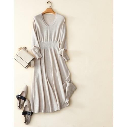 2020 New Style Womens Knitted Long Sleeve V Neck High Quality 100% Cashmere Sweater Dresses Pullover