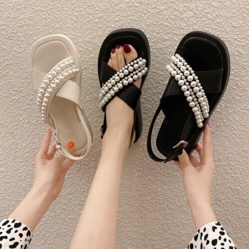 2021 Summer Women Sandals Solid Color Pearl Open Toe Flat Sandals Outdoor Beach New Fashion Plus slippers