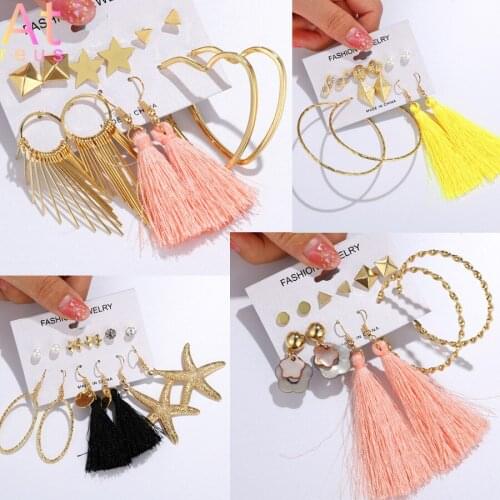 30new Fashion Starfish Metal Tassel Earrings Set For Women Bohemia Gold Big Heart Circle Star Rivet Earring Wedding Jewelry