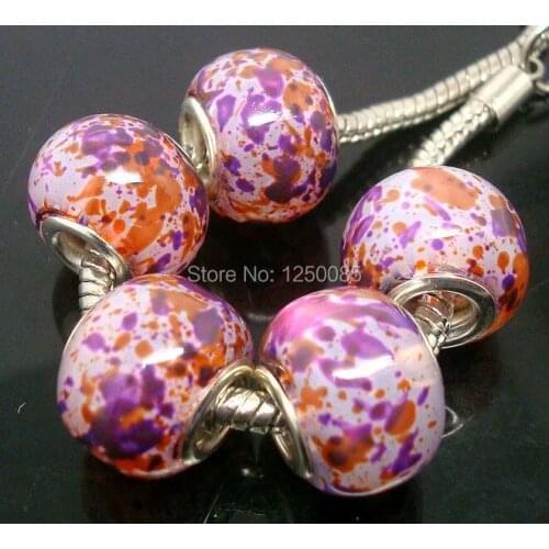 50Pcs Fashion Purple Spray Paint Design Round European Lampwork Glass Beads Fit Bracelet & Necklace LGB268-5