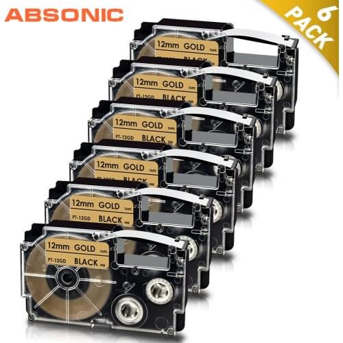 Absonic 6PK Black on Gold for Casio XR-12GD 12mm Label Tape Cartridge XR12GD XR 12GD Compatible for Casio Label Maker KL 60 120
