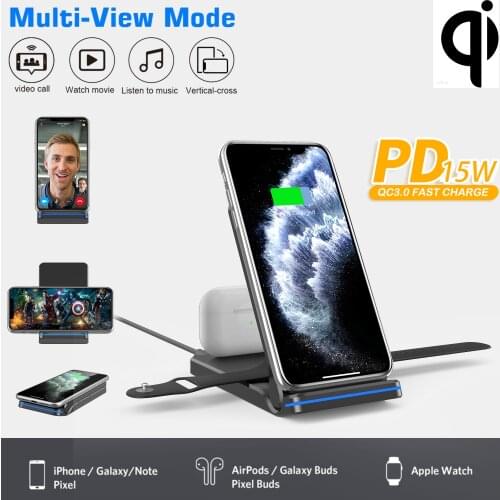 15W QI Fast Wireless Charger Stand For Iphone 12 11 XR X 8 Apple Watch 3in1 Foldable Charging Dock Station For Airpods Iwatch