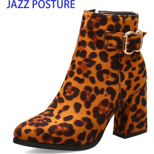 Buckle boots shoes woman fashion leopard Square heel winter boots women new arrival High heel Ankle boots 2020 Large size z416