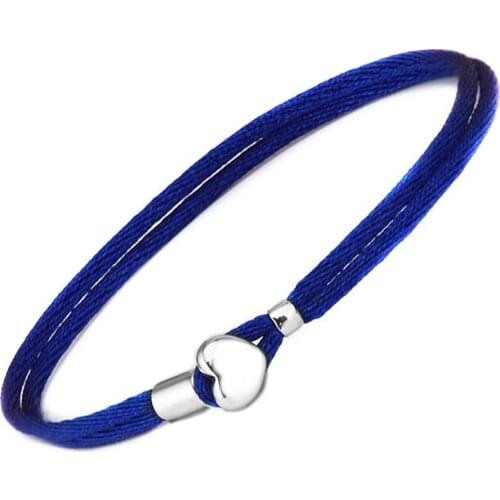 Dark Blue Fabric Cord Bracelet With Heart Buckle Sterling Silver Jewelry For Woman Fit Original Beads & Charms Jewelry
