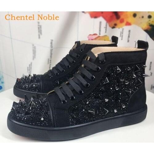 Brand Chentel Hot Sale Flock Red Black Color Studded Sneaker Outdoor Casual Men Flats Spikes Lace-Up Party Vulcanized Shoes
