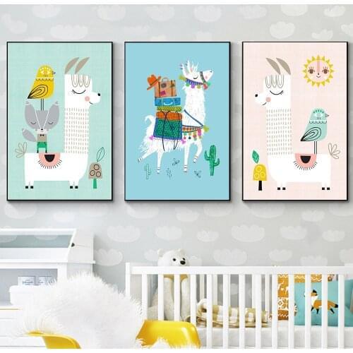Nursery Decor Prints and Posters Cartoon Llama With Fox Bird Canvas Painting Cute Animal Alpaca Picture Baby Room Wall Decor
