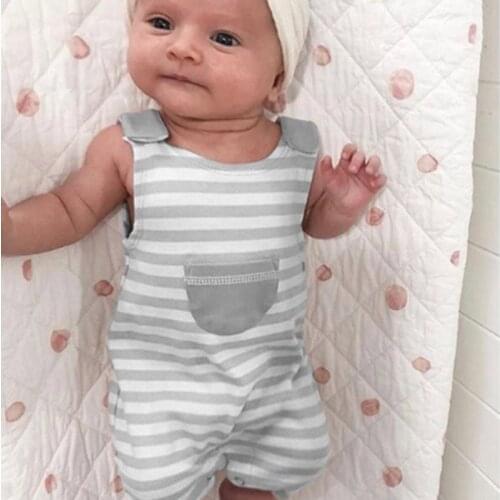 Cute Baby Summer Clothing Baby Girls Boys Rib Stripe Sleeveless Rompers Jumpsuit Toddler Round Neck Pocket Jumpsuits Shorts