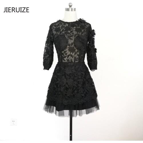 JIERUIZE Little Black Dress Vintage Lace Short Prom Dresses 3/4 Sleeves Short Cocktail Party Dresses vestido de baile curto