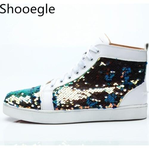 Bling Glitter Sequins High Top Casual Shoes Lace Up Sneaker Fashion Shiny Shoes Men Runway Chaussure Hommes