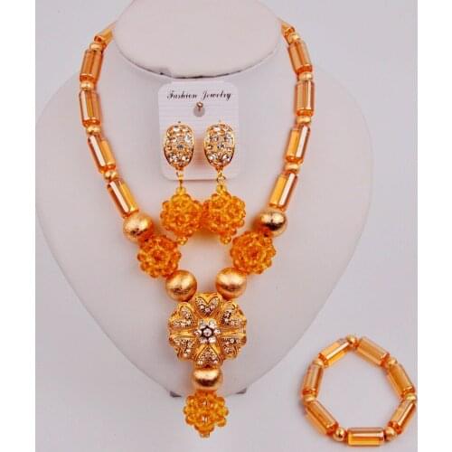 Fashion Champagne Gold African Jewelry Set Crystal Nigerian Wedding Beads ZJQ7-3