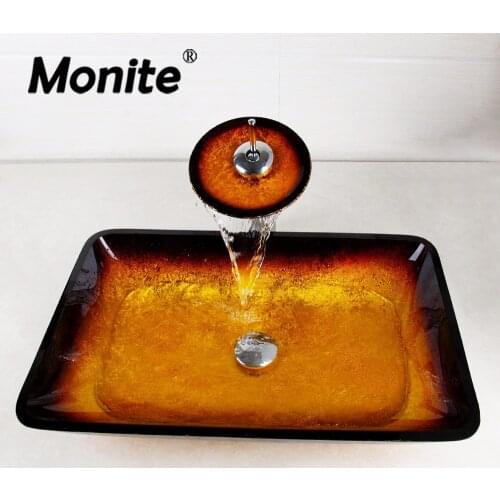 Monite Yellow Tempered Glass Lavatory Bath Sink Set Mixer Faucet Yellow Waterfall Basin Mixer Tap Bathroom Sink Washbasin Set