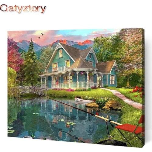 GATYZTORY Frameless Forest Pool Villa DIY Painting By Numbers Landscape Wall Art Picture Hand Painted Oil Painting Home Decor