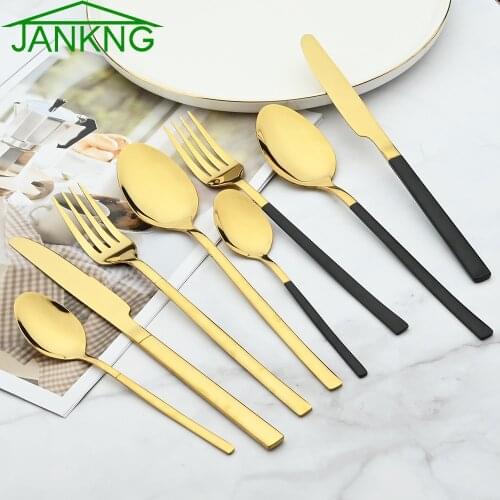24Pcs Gold Cutlery Set Knife Fork Spoon Dinner Set Black Dinnerware Tableware Set Kitchen Stainless Steel Silverware Flatware
