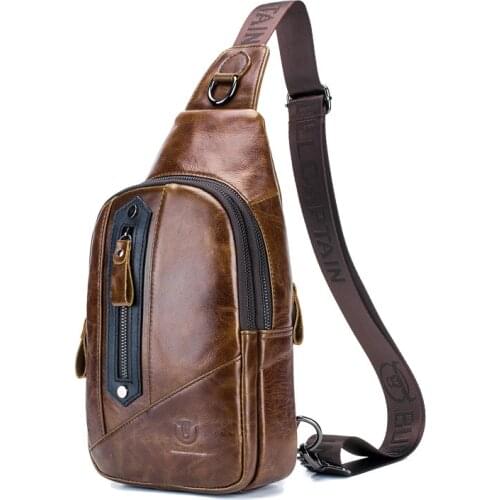 Genuine Oil Leather Chest Bag For Men Designer Fashion shoulder Messenger Bag with front Zipper Pocket Male Business