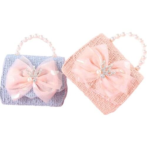 New Crown Shoulder Bag, Shinny Crystal Pack, Kid Lace Bowknot Square Pocket, Detachable Chain Pearl Handbag