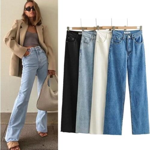 2020 Autumn High Waist Slim Raw Edge Wide Leg Mop Female Loose Wild Straight Jeans DLZK550