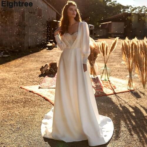 Eightree Princess Wedding Dress Long Sleeve 2021 Beaded Strapless Bridal Dresses Robe De Mariee Beach Boho Lace Wedding Gowns