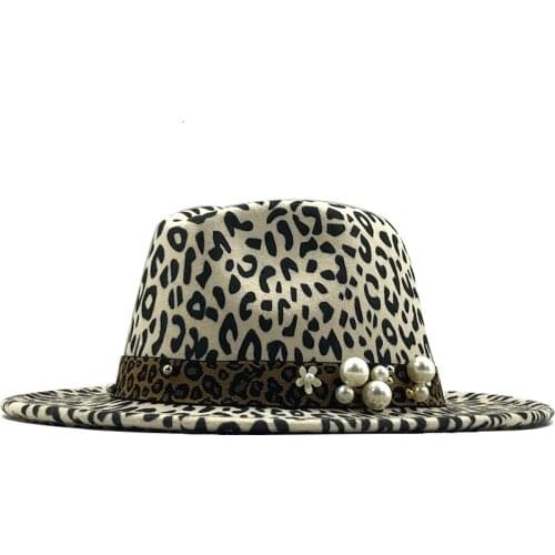 Simple Wide Brim Leopard Wool Fedora Felt Hat For Women Leopard pearl New Warm Winter Panama Hat men Jazz Cap