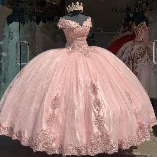 Puffy Skirt Pink Quinceanera Dresses Lace Applqiue Sweet 16 Prom Gowns Tulle vestidos de 15 años xv dress Corset Back