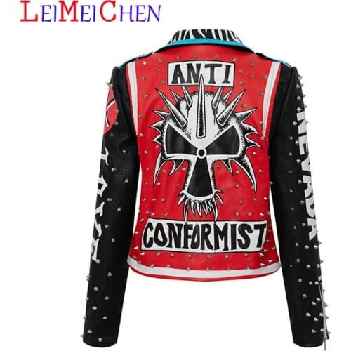LEIMEICHEN Street Fashion Short Jacket Women Punk Style Slim Motorcycle PU Leather Jacket Female Lapel Rivet Graffiti Outerwear