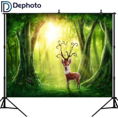 DePhoto Vinyl Background Jungle deer Magic Forest Party Decor Banner Children Custom Green Tree Backdrop Photocall Studio