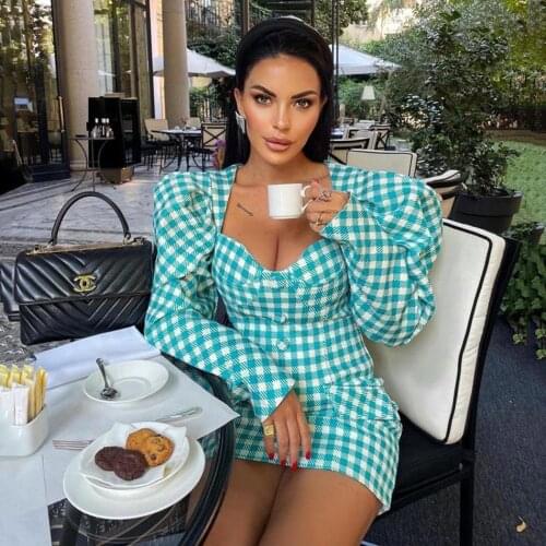 Plaid Printed Bubble Long Sleeve Dress 2021 Fall Winter New Designer Female Slim Mini Dresses Elegant OL Party Womens Clothing