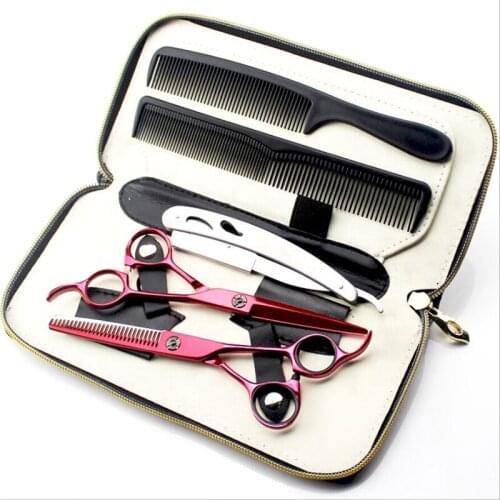 6 Inch High Quality Red Japan 440C Stainless Steel Thinning Cutting Hair Salon Scissors Set
