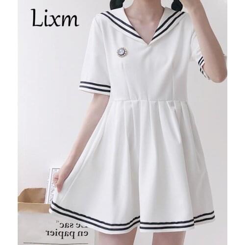 Japan Kawaii Sweet Dress Embroidered navy sailor Mori Girl Summer Women Short Sleeve Sailor Collar Cotton Dresses Vestidos