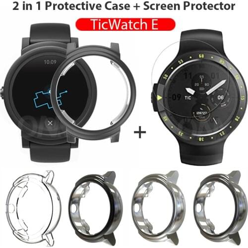2-in-1 Protector Case + Screen Protector for Ticwatch E Smart Watch Silicone Cover Shell Tempered Glass Film for Tic Watch E