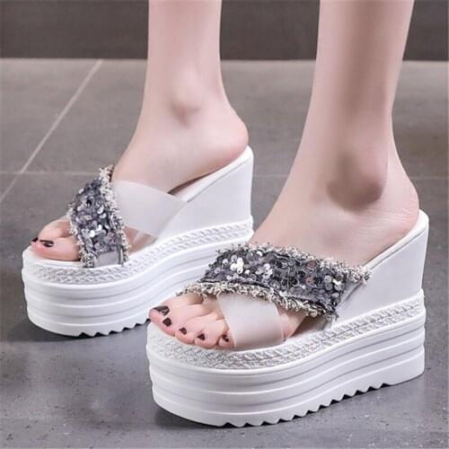 New Summer Style Chunky Black White 13CM Wedges Super High Heel Sandals Sexy Womens Platform Cross Sequined Open Toe Slippers
