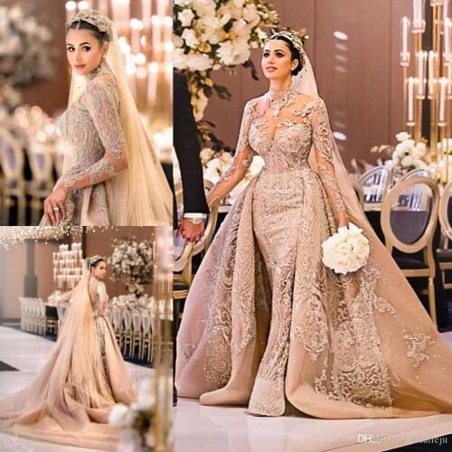 Modest High Collar Long Sleeve Mermaid Wedding Dresses With Detachable Train Lace Applique Wedding Gowns Crystal robe de mariée
