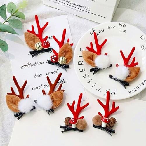 1Pair New Small Bell Cute Deer Ear Flower Hairpins Wool Ball Christmas Barrettes Clips Decor Beautiful Antlers Party Accessories