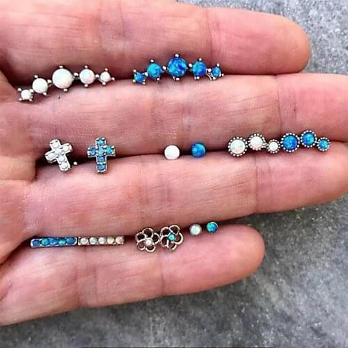 14 Pcs/Set Simple Lady Earrings Set Openwork Flower Cross Blue White Beads Crystal Geometry Stud Earring Women Party Jewelry