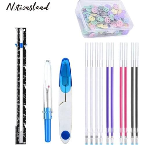 14Pcs/set Heat Erase Pens Sewing Gauge Measuring Ruler Straight Pins Scissors Seam Ripper Tool for DIY Crafting Sewing Supplies