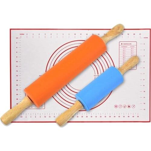 2 Pcs Silicone Rolling Pin with Wooden Handles,1 Pcs Silicone Kneading Pad,for Baking Pie, Pastries,Pizza,Cookies