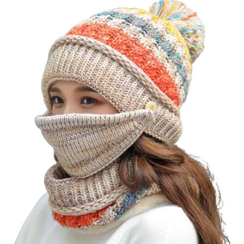 3Pcs Women Winter Plush Knitted Hat Beanie Scarf Face Cover Cycling Warm Set