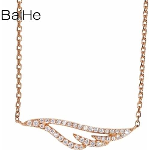 BAIHE Solid 18K Rose Gold 0.15ct Round H/SI Natural Diamonds Women Engagement Fine Jewelry Beautiful diamond feather Necklaces