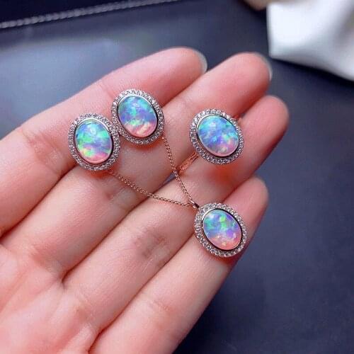 BOCAI New real 100% s925 silver new natural Australian opal jewelry ring set beautiful full of sparkle, Valentine’s day gift