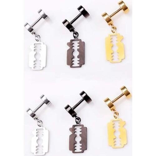 Razor Blade Earrings Set For Men Women Stainless Steel Gold Black Kpop Punk Gothic Dumbbell Barbell Earrings Set Teen Boys Girls