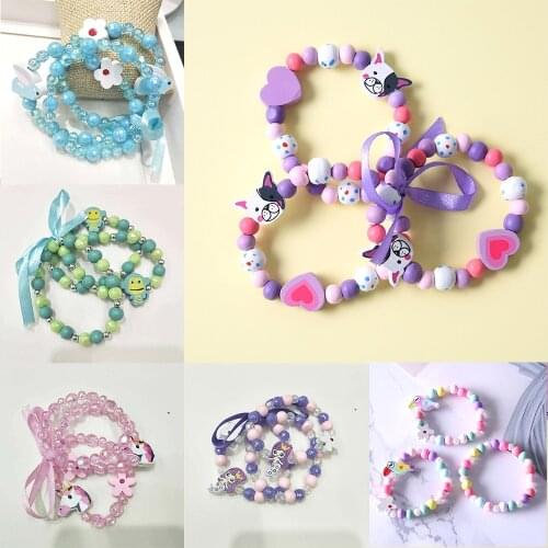 3PCS 12 Style Colorful Cute Animal Flower Shape Wooden Bead Bracelet Childrens Toy Jewelry Girl Boy Gift Set